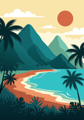 Beautiful Tropical Beach Landscape Vector Illustration with Palm Trees and Mountains