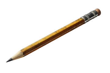 A classic wooden pencil with painted body, metal ferrule, eraser end, and sharpened graphite tip showing subtle wear and realistic highlights, isolated on transparent background