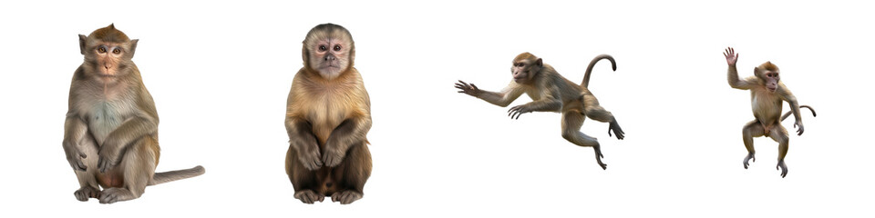 Set of Monkey Head Portrait and Full Body Poses in Various Angles, Primate Wildlife Animal Collection Isolated on White, PNG Oil Paint