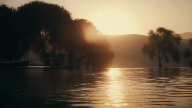 Golden sun reflecting on calm water creating warmth and tranquility, with something splashing across the surface against a background of silhouetted trees and distant mountains