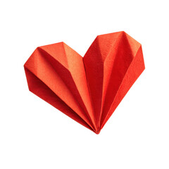A bright red folded paper heart crafted in an origami inspired style with sharp precise creases, clean edges, matte paper texture, and subtle shadowing that enhances its handcrafted emotional characte