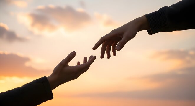 Two hands reaching out to each other in a symbolic gesture of connection and support during a beautiful sunset