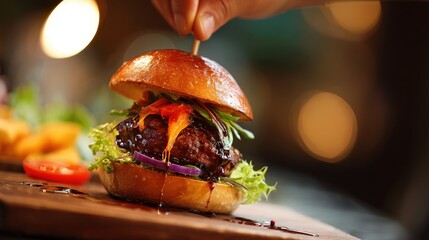 Hand placing wooden skewer into gourmet cooked meat patty sandwich with dripping sauce