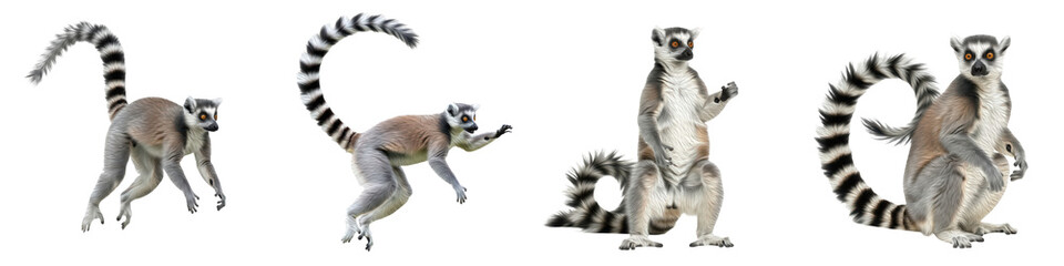 Fototapeta premium Set of Ring-Tailed Lemur Full Body Poses in Various Angles, Madagascar Wildlife Animal Collection Isolated on White, PNG Oil Paint