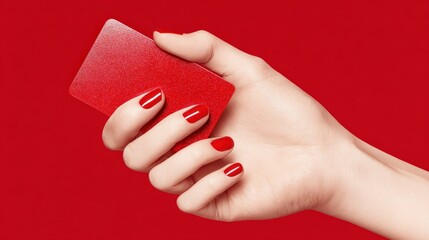 Woman's hand with polished nails firmly grips a textured red plastic card against a bright solid background.