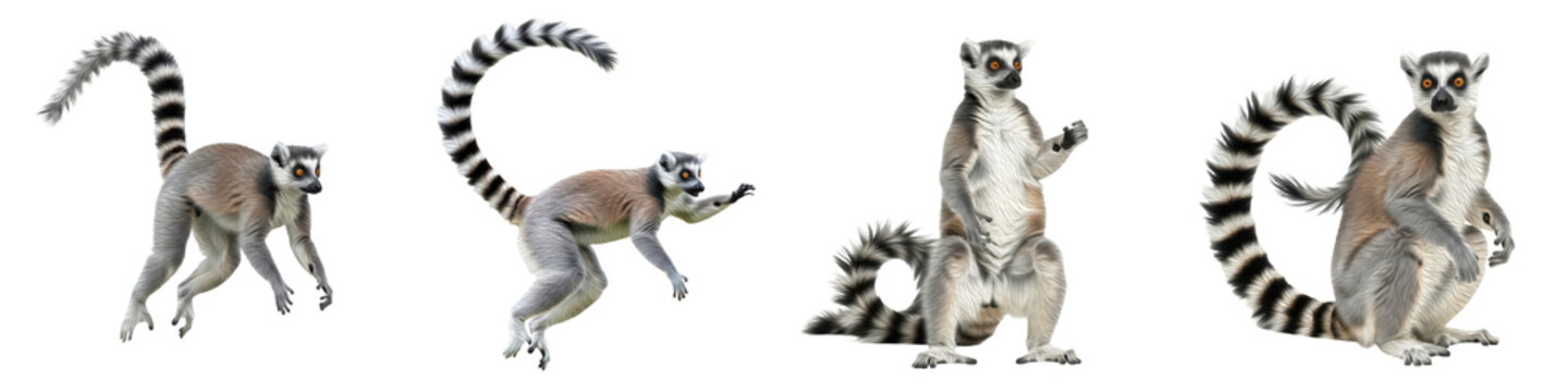 Set of Ring-Tailed Lemur Full Body Poses in Various Angles, Madagascar Wildlife Animal Collection Isolated on White, PNG Oil Paint