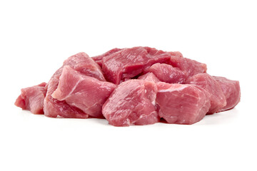 Diced Pork Loin Chunks, isolated on white background