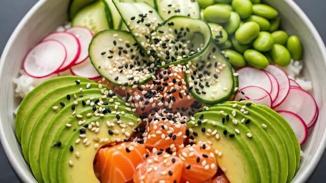 Closeup of fresh poke bowl with salmon, avocado, and edamame on a black background