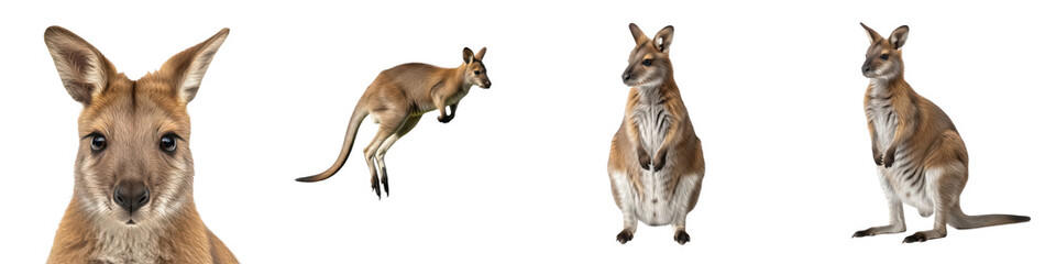 Set of Kangaroo Head Portrait and Full Body Poses in Various Angles, Australian Wildlife Animal Collection Isolated on White, PNG Oil Paint