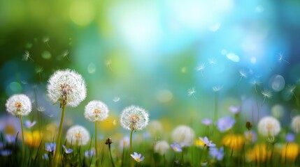 Fototapeta premium Fresh Air Spring Concept Background With Gentle Lighting Showcasing Blooming Flowers and Dandelions Under a Bright Blue Sky