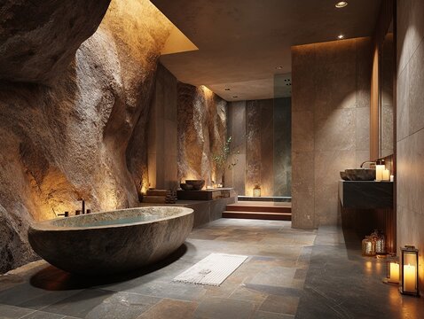 A luxurious spa bathroom is designed to resemble a natural cave, featuring textured stone walls and a large, freestanding bathtub illuminated by warm lighting and candles.