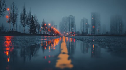 Atmospheric urban cityscape with reflections and moody lighting. Contemporary street photography background for editorial, travel and city life concepts.