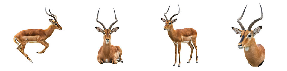 Set of Impala Head Portrait and Full Body Poses in Various Angles, African Wildlife Animal Collection Isolated on White, PNG Oil Paint