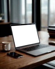 Fototapeta premium A modern office desk features a sleek laptop with a blank screen, accompanied by a coffee cup and smartphone, set against a large window with a cityscape view.