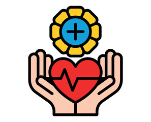 Obraz premium A graphic illustration of hands holding a heart with a medical cross symbolizing healthcare and wellness.