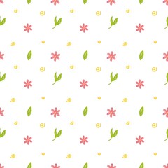Fototapeta premium Seamless raster pattern with flowers and plants in doodle style on a white background