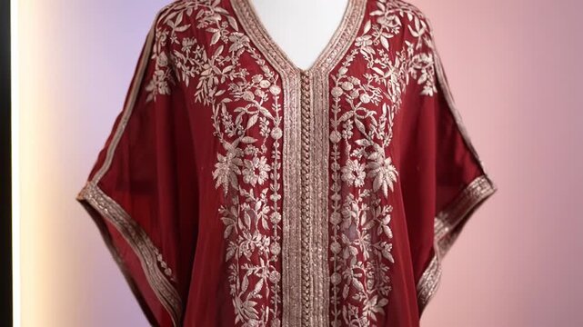 A plain mannequin transforms with a beautiful embroidered kaftan. Intricate gold patterns adorn the rich red fabric elegantly.