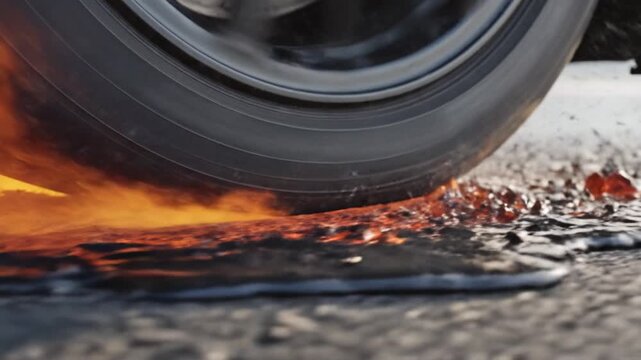 Close up car tire spinning fast on asphalt with flames and flying debris. Intense action and extreme friction create a powerful cinematic effect. Useful for racing or high speed automotive content.