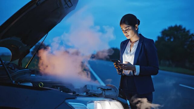 A businesswoman stands by her car with a smoking engine at night, using her phone. She is frustrated and seeking roadside assistance. Ideal for insurance or emergency service themes.