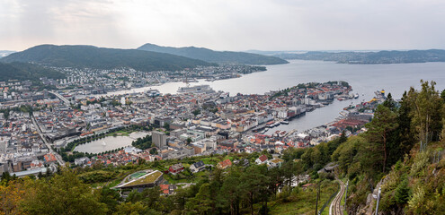 Vagen bay and Puddefjord in Bergen, seen from mount Floyen