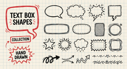 hand drawn text box and speech bubble collection with arrows and decorative frames on grid paper for notes comics messages and creative design layouts
