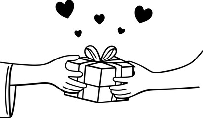 hand drawn illustration of two hands exchanging a wrapped gift with hearts in simple black and white outline style for love celebration and giving themes