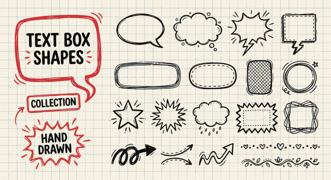 hand drawn text box and speech bubble collection with arrows and decorative frames on grid paper for notes comics messages and creative design layouts