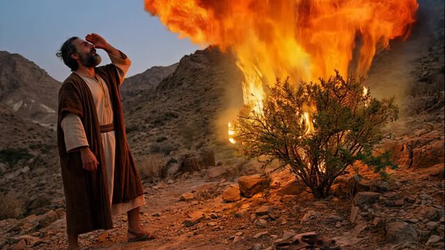 Moses shielding eyes from the burning bush with divine fire on Mount Sinai, biblical concept.
