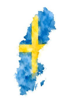 Watercolor illustration of Sweden&rsquo;s country outline with the national flag painted in soft, flowing brush strokes. Minimalist, elegant map artwork on white background for editorial and design use.