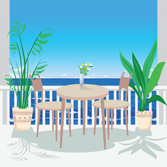 Naklejka premium A table on the terrace at a seaside restaurant. Summer vacation at the sea. Beautiful seascape. Hand-drawn vector illustration.