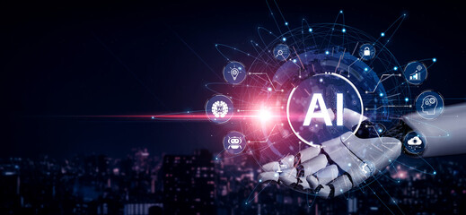 Obraz premium A generative AI assistant displays its multifunctional platform, a central hub for business operations. It powers automation, security, and data-driven innovation. Fermion