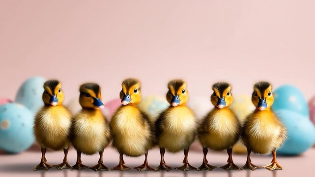 A small family of ducklings lined up next to each other, surrounded by colorful Easter eggs, perfect for greeting cards, festive events, and Easter celebrations.