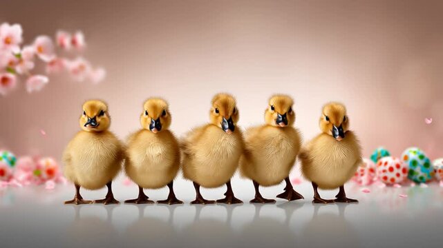 A small family of ducklings lined up next to each other, surrounded by colorful Easter eggs, perfect for greeting cards, festive events, and Easter celebrations.