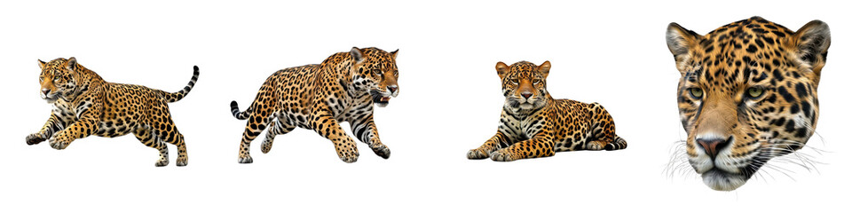 Set of Jaguar Full Body Poses and Head Portraits in Various Angles, Exotic Spotted Wildlife Collection with Stealthy Elegance, Isolated on Transparent Background, PNG Oil Paint © botan
