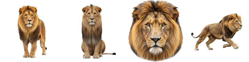 Set of Male Lion Full Body Poses and Head Portraits in Various Angles, African Wildlife Predator Collection Isolated on White, PNG Oil Paint