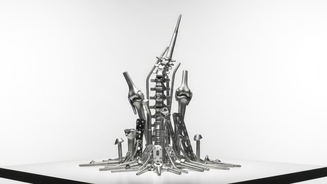 Orthopedic Implants Arranged on White Surface for Medical or Surgical Use.