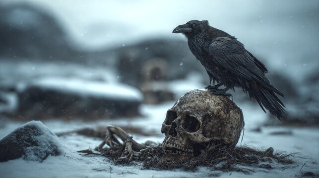 A raven perched on a weathered skull creates an eerie scene. This dark image evokes themes of mortality and mystery. Explore the haunting beauty of nature and death. AI