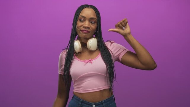Woman with headphones and thumb pointing to chest showing bare midriff in studio portrait; confidence self affirmation.
