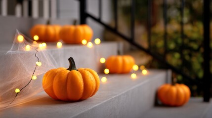 Fototapeta premium A cozy autumn scene with vibrant orange pumpkins placed on a staircase. The pumpkins are surrounded by soft string lights, creating a warm and inviting atmosphere. Perfect for Halloween decor. AI