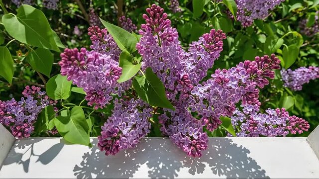 Hummingbird flitting between lush lilacs in a sunlit garden