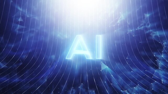 Abstract blue AI artificial intelligence caption with curved digital lines and glowing particles form a futuristic technology background with depth, motion and light flowing forward. Seamless looping.