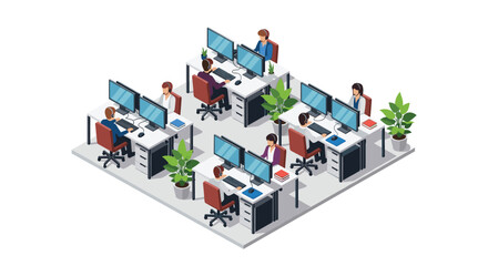 Fototapeta premium Isometric Corporate Office Interior with Employees working at Computer Desks with Monitors and Plants