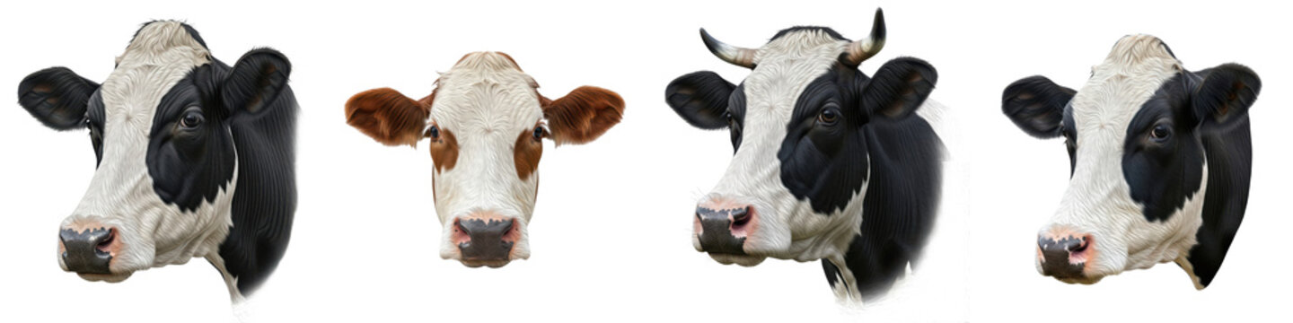 Set of Four Realistic Dairy Cow Heads Including Holstein Friesian and Jersey Breeds, Isolated on Transparent Background, PNG Oil Paint