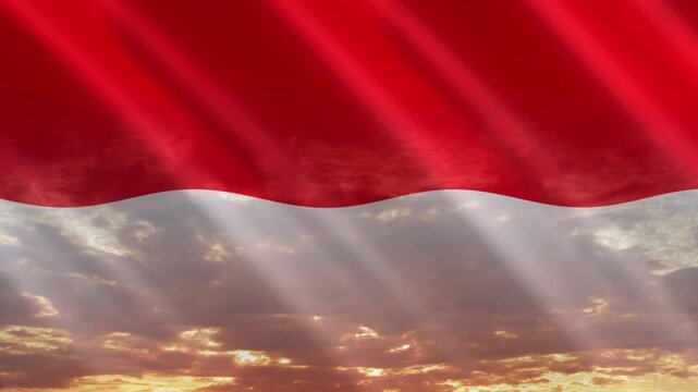 Flag of Indonesia waving against a vibrant sunset, creating a patriotic and inspiring atmosphere with warm tones.