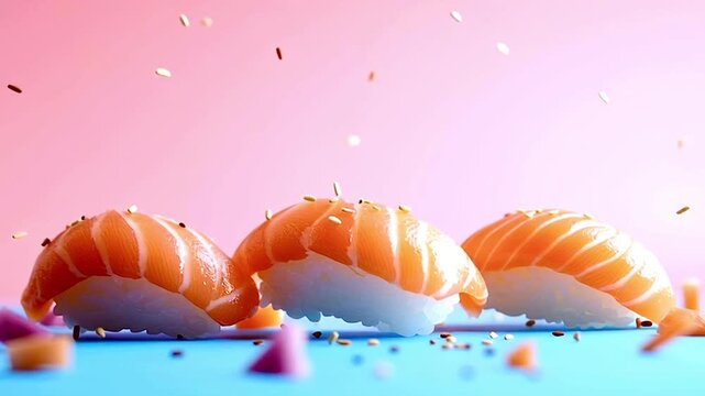 Delicious salmon nigiri sushi floating and bouncing