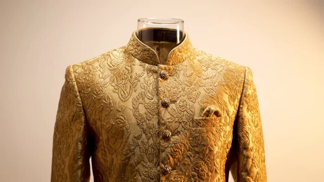 A hand-drawn sketch of a jacket transforms into a luxurious golden sherwani. This elegant traditional attire features intricate patterns and decorative buttons.