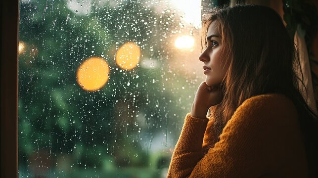 A young woman gazes thoughtfully out of a rain-streaked window, illuminated by the warm glow of city lights, evoking a sense of quiet reflection and melancholy.