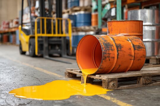 Spilled Chemical Causes Environmental Hazard in Warehouse During Day With Pallets and Forklift Nearby