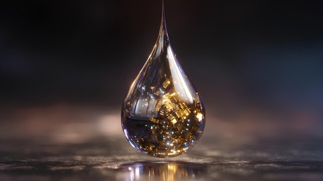 Golden elixir drop landing on reflective surface, premium beauty and anti-aging concept