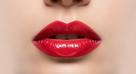 Fototapeta premium Alluring Close-Up of Sensual Red Glossy Lips, Highlighting Vibrant Color and Perfect Shine, Evoking Beauty and Desire